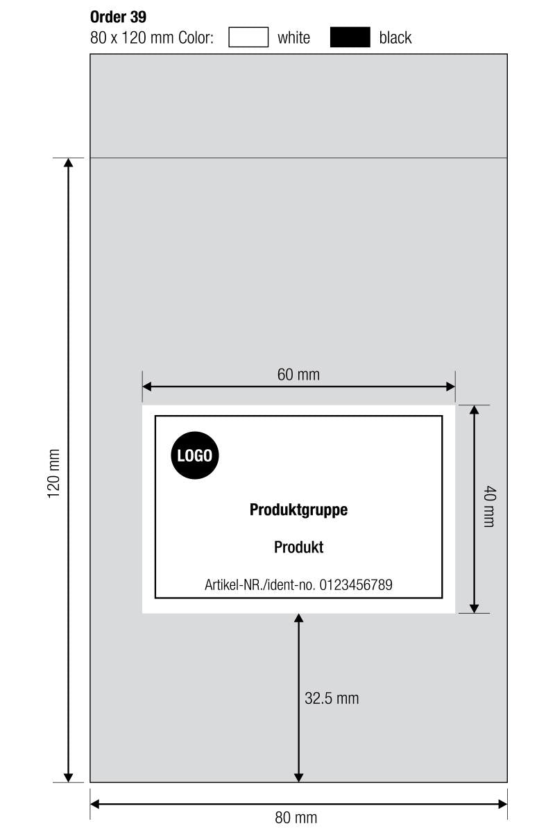 Eksempelskitse af en specialproduktion med mål for pose (80×120 mm) og trykområde (60×40 mm)